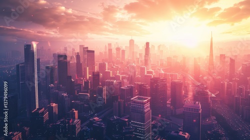 Wallpaper Mural A breathtaking sunset over a bustling city skyline, highlighting skyscrapers and vibrant city life below Torontodigital.ca