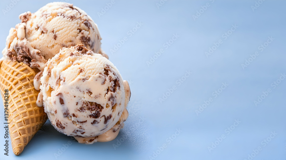 Two scoops of creamy ice cream with chocolate chunks in a waffle cone on a blue background Two scoops of creamy ice cream with chocolate chunks in a waffle cone on a blue background