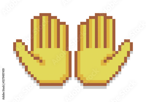Pixel art of two open up hands gesturing praying. 