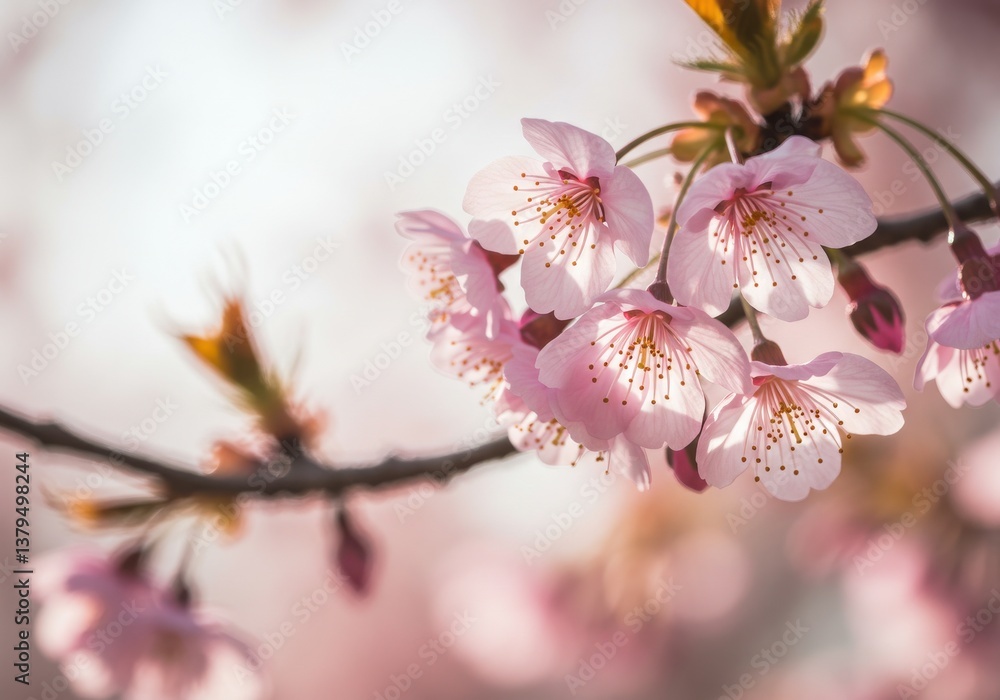 Close-up view of soft pink cherry blossom flowers blooming on a tree branch in Close-up view of soft pink cherry blossom flowers blooming on a tree branch in