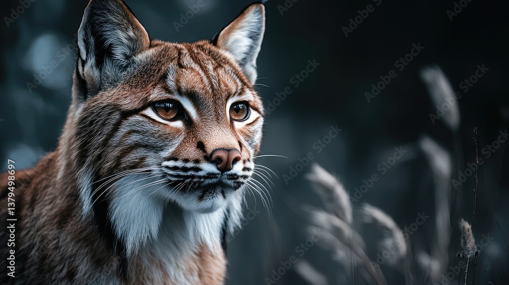Lynx Portrait Looking Right in Dark Outdoor Setting for Wildlife Lynx Portrait Looking Right in Dark Outdoor Setting for Wildlife