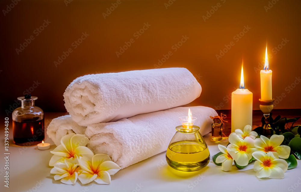 Spa still life with candles flowers and towels Ai