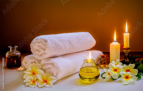 Spa still life with candles flowers and towels Ai