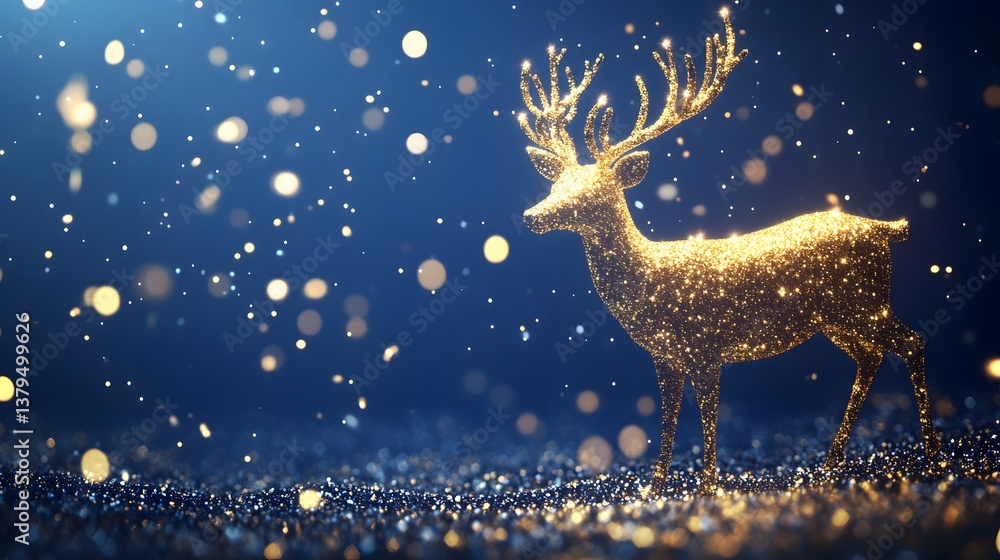 a deer made of gold glitter on the right side, blue background, glittering particles, shiny light effects,
a deer made of gold glitter on the right side, blue background, glittering particles, shiny light effects,