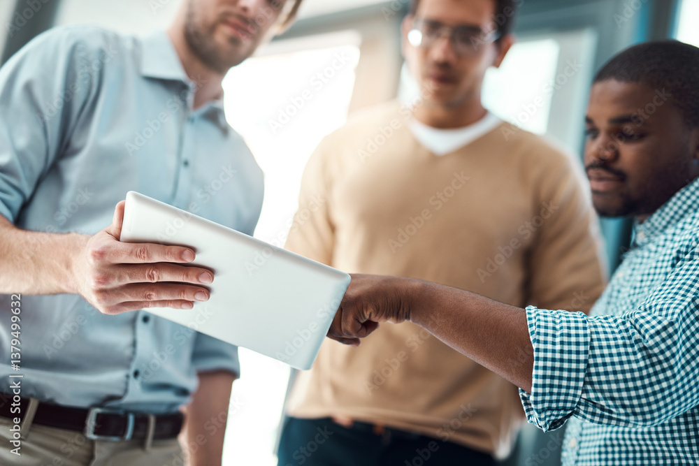 Tablet, business men and web design planning for app developer project with creative ideas in office. Brainstorming, tech and teamwork of employee with collaboration for homepage layout with talk