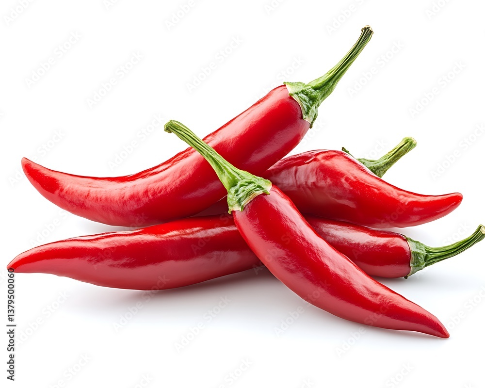 A collection of bright red chili peppers with green stems A collection of bright red chili peppers with green stems