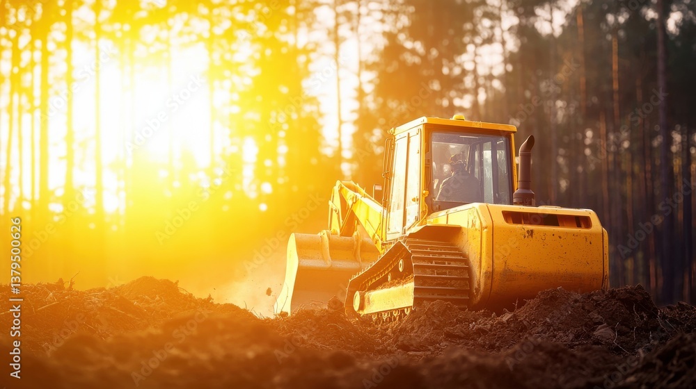 Heavy Excavator Working in Sunrise Landscape with Trees and Soil Heavy Excavator Working in Sunrise Landscape with Trees and Soil