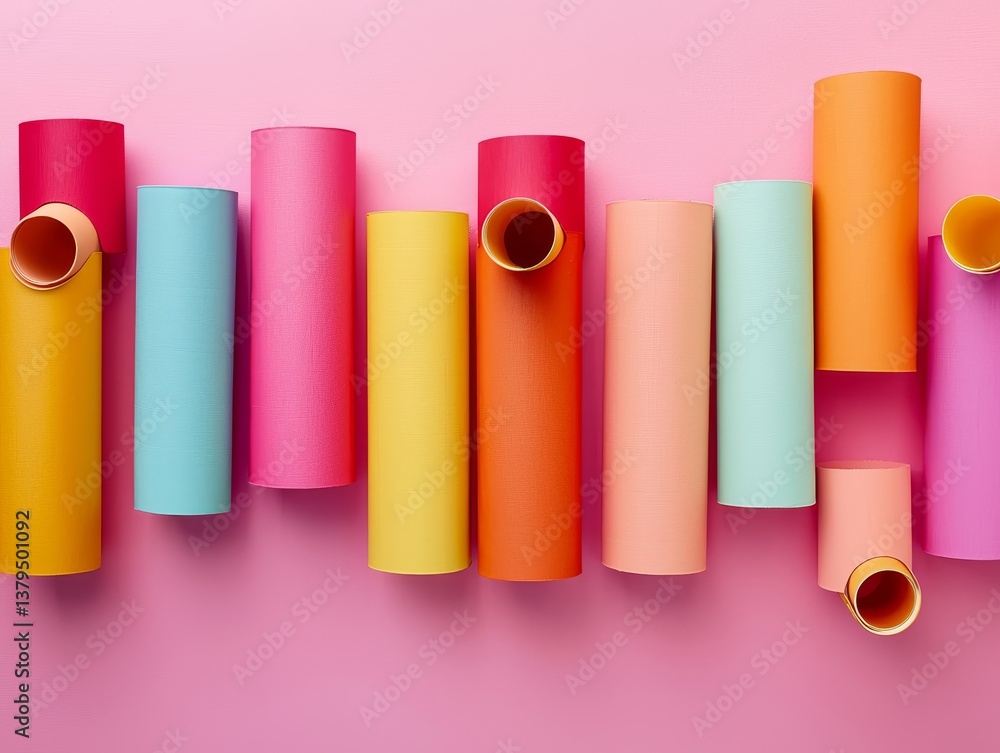 Fototapeta premium Minimalist composition of colorful cylindrical shapes in bold shades, arranged vertically on a pastel pink surface, matte texture finish