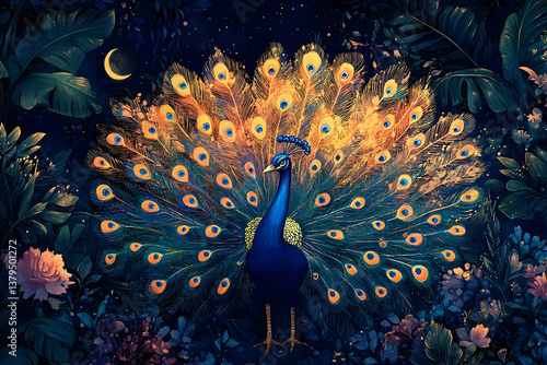 A regal peacock displays vibrant feathers amidst lush nocturnal foliage