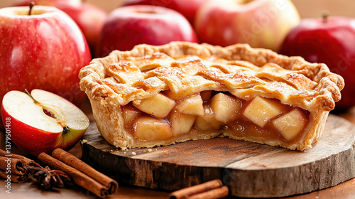 delicious homemade pie with flaky crust filled with sweet apple slices, surrounded by fresh apples and cinnamon sticks, evokes warm, cozy feeling