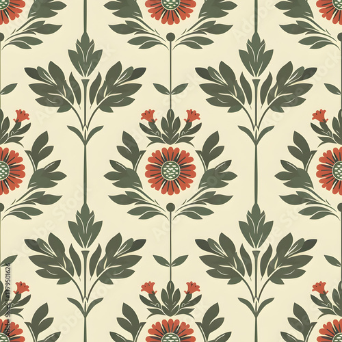 A floral pattern featuring stylized flowers and leaves in earthy tones on a light background.