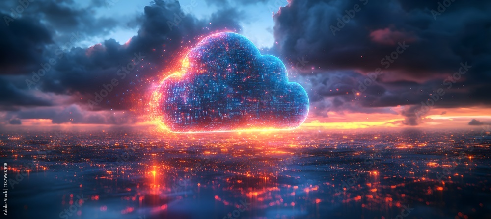 Fototapeta premium cloud computing with a speeding train on a city background,