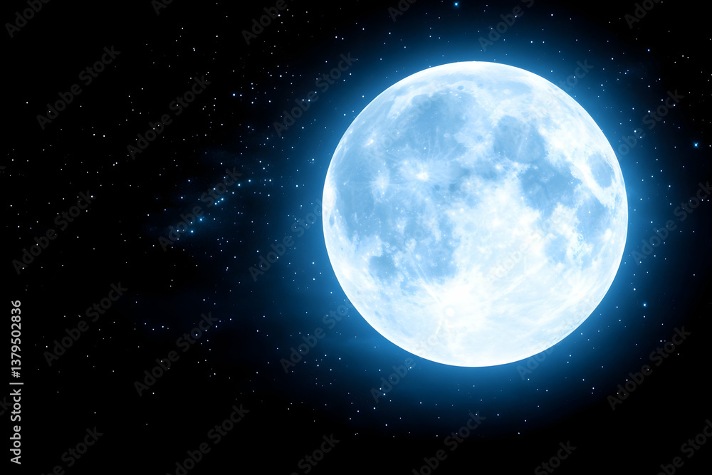 A luminous blue full moon dominates a dark, star-speckled night sky A luminous blue full moon dominates a dark, star-speckled night sky