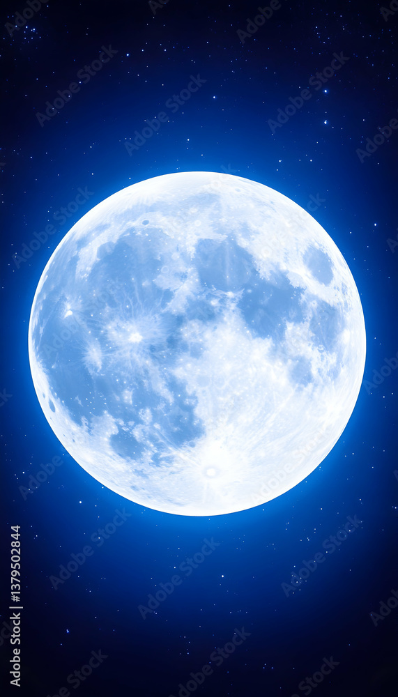 A luminous full moon dominates a deep blue night sky, speckled with distant stars