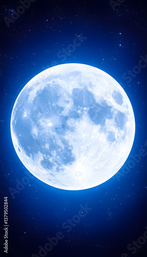 Obraz na płótnie A luminous full moon dominates a deep blue night sky, speckled with distant stars w salonie