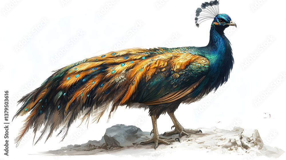 Obraz premium A majestic peacock with colorful feathers depicted on a white background