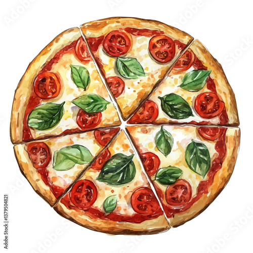 watercolor vector of Pizza Margherita, isolated on a white background. Pizza Margherita vector
