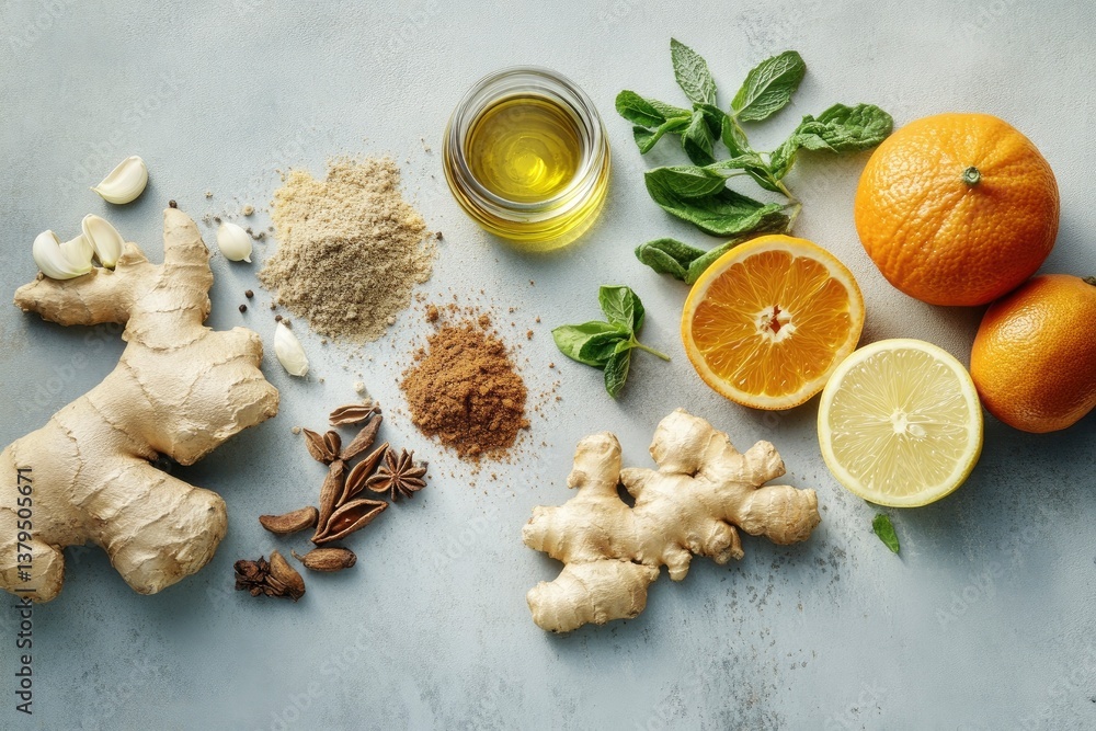 Preparing Natural Remedies with Ginger, Garlic, Orange, Lemon and Spices Preparing Natural Remedies with Ginger, Garlic, Orange, Lemon and Spices