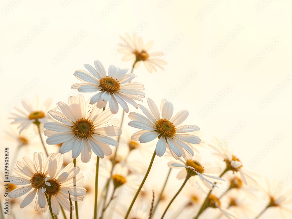 Fototapeta premium A close-up of daisies bathed in warm sunlight, symbolizing purity, peace, and nature. Generative AI