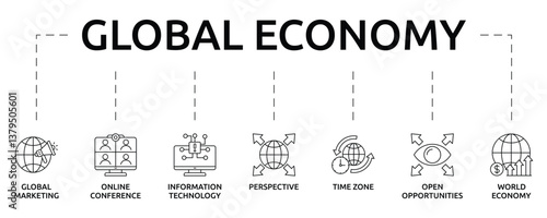 global economy banner with icon and keywords