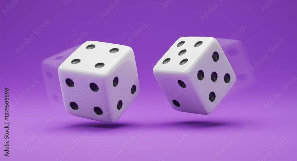 Two white dice in mid-air, a thrilling moment of chance and uncertainty against a vibrant purple backdrop. Two white dice in mid-air, a thrilling moment of chance and uncertainty against a vibrant purple backdrop.