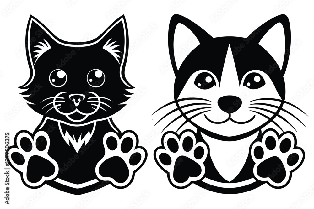 Fototapeta premium Cat and Dog Face Silhouettes with Paw Prints: Black Vector Illustrations