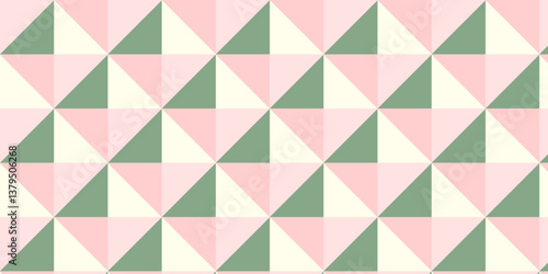 seamless geometric pattern green and pink color fabric. closeup square mosaic wall tiles vintage triangle cubic texture design.	