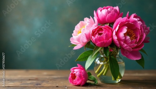 Fototapeta Naklejka Na Ścianę i Meble -  Colorful peonies in loose arrangement on wooden table, colorful, peonies, illustration