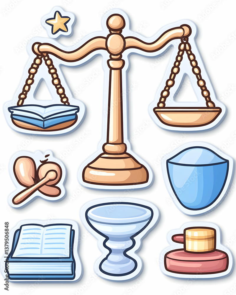 Cartoon scales of justice with related objects books, bowls, spoons, and powder