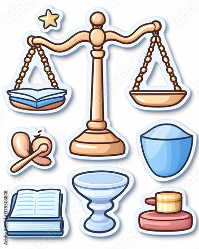 Obraz na płótnie Cartoon scales of justice with related objects books, bowls, spoons, and powder w salonie