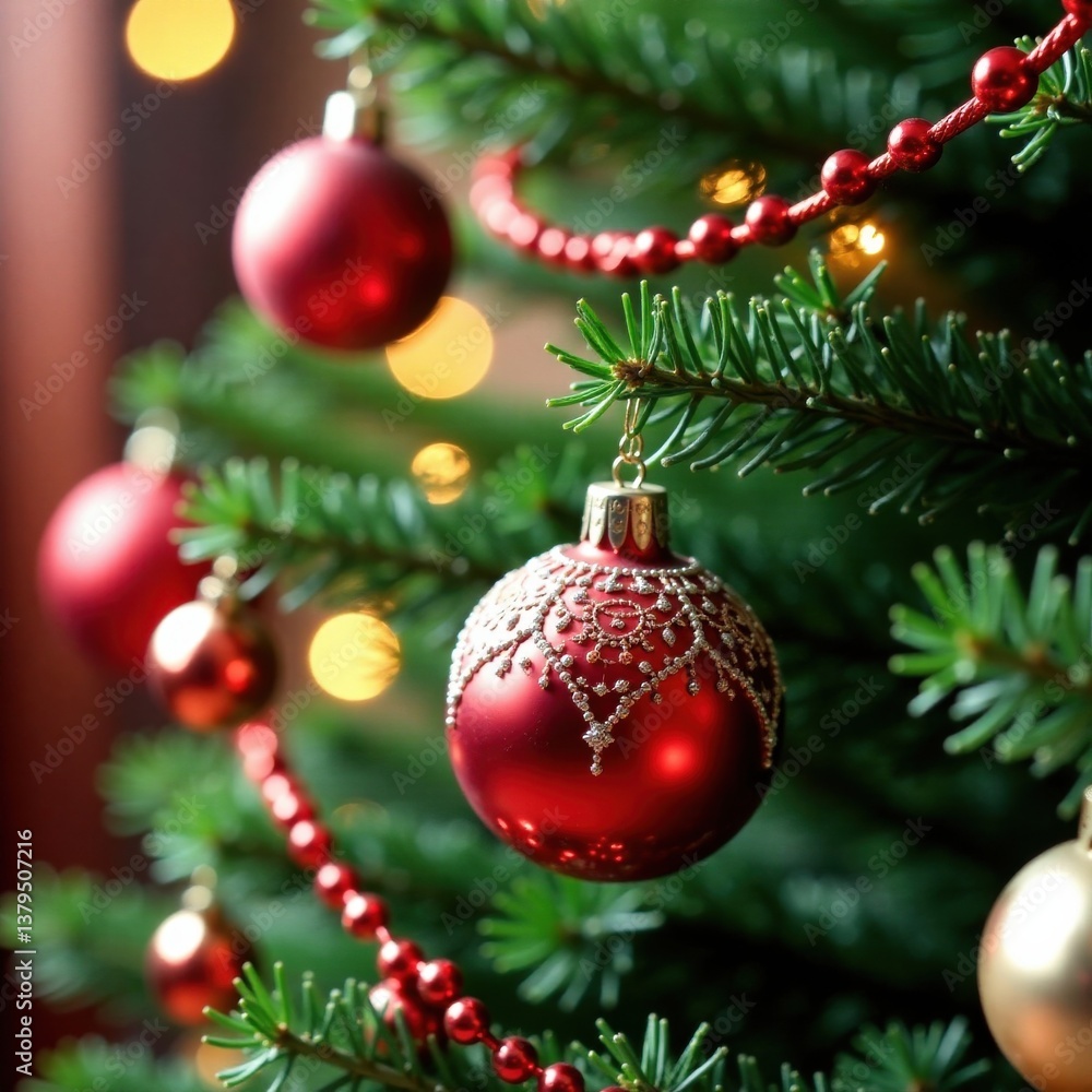 Fototapeta premium Colorful ornaments and garlands adorn a festive Christmas tree with a hanging ball decoration, garland, holiday lights, tree branch