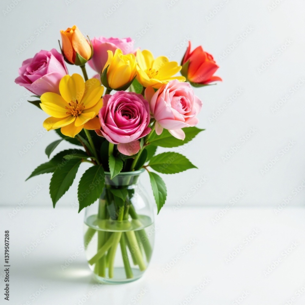 Colorful mixed flowers in glass vase on white background, event decor, flower bouquet, flowers Colorful mixed flowers in glass vase on white background, event decor, flower bouquet, flowers