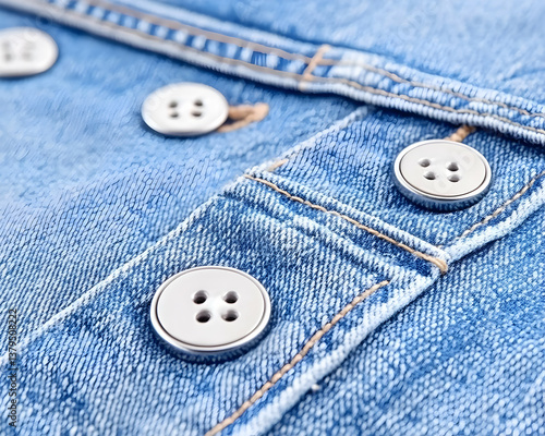 Close-up of light blue denim fabric with four-hole buttons