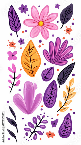Colorful floral and leaf elements, illustration
