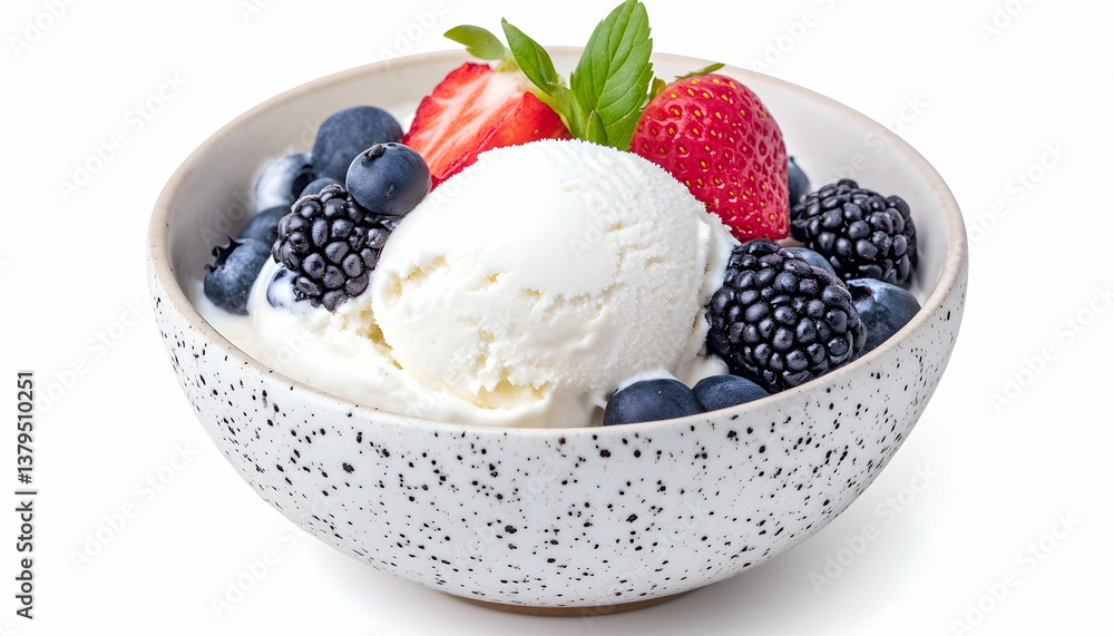 Creamy vanilla ice cream served with fresh berries in a speckled bowl Creamy vanilla ice cream served with fresh berries in a speckled bowl