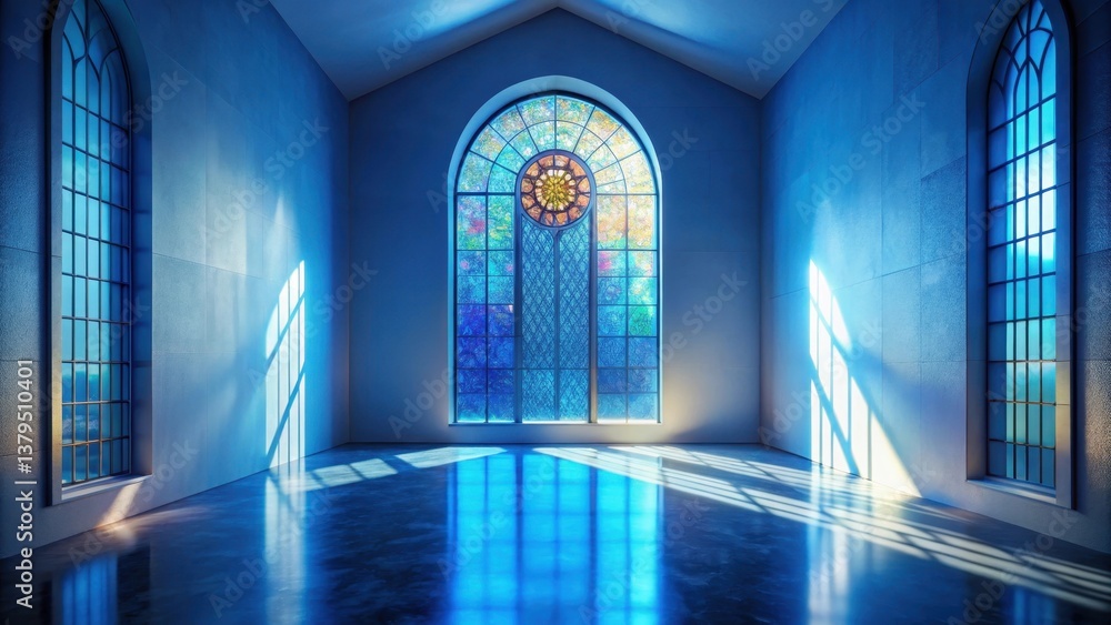 Serene Interior with Large Stained-Glass Window and Reflective Floor Illuminating the Space with Blue Hues Serene Interior with Large Stained-Glass Window and Reflective Floor Illuminating the Space with Blue Hues