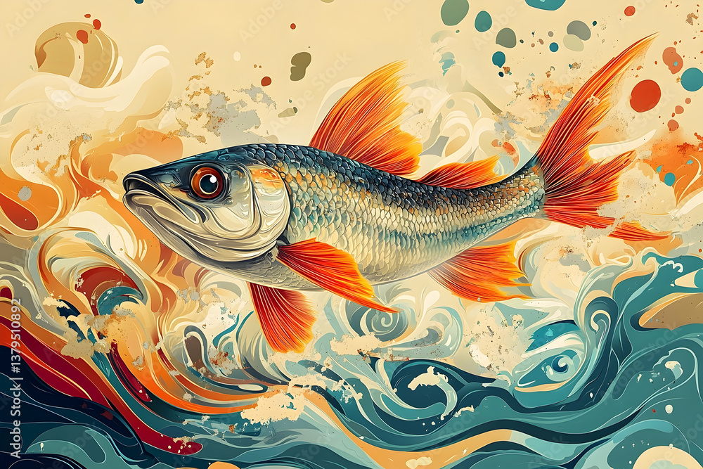 A Stylized Illustration of a Swimming Fish in Water A Stylized Illustration of a Swimming Fish in Water