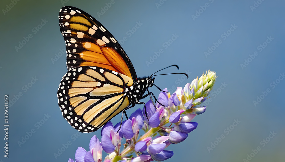 Fototapeta premium Monarch Butterfly on Purple Lupine, Soft Focus Background