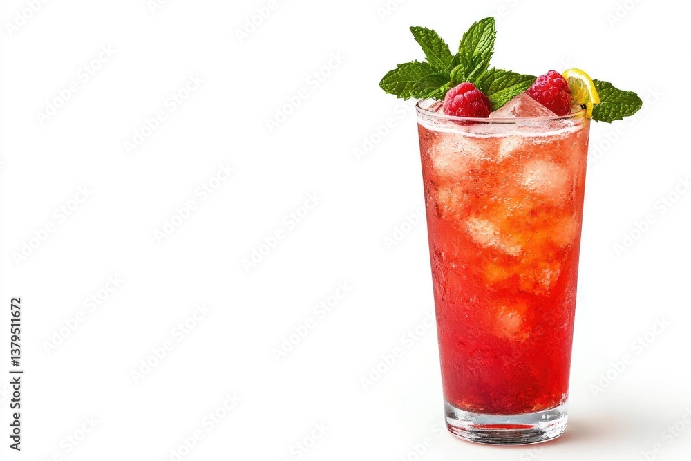 Refreshing Raspberry Cocktail with Mint and Lemon on White Background Refreshing Raspberry Cocktail with Mint and Lemon on White Background