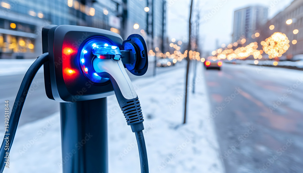Electric vehicle charging station on a snowy city street