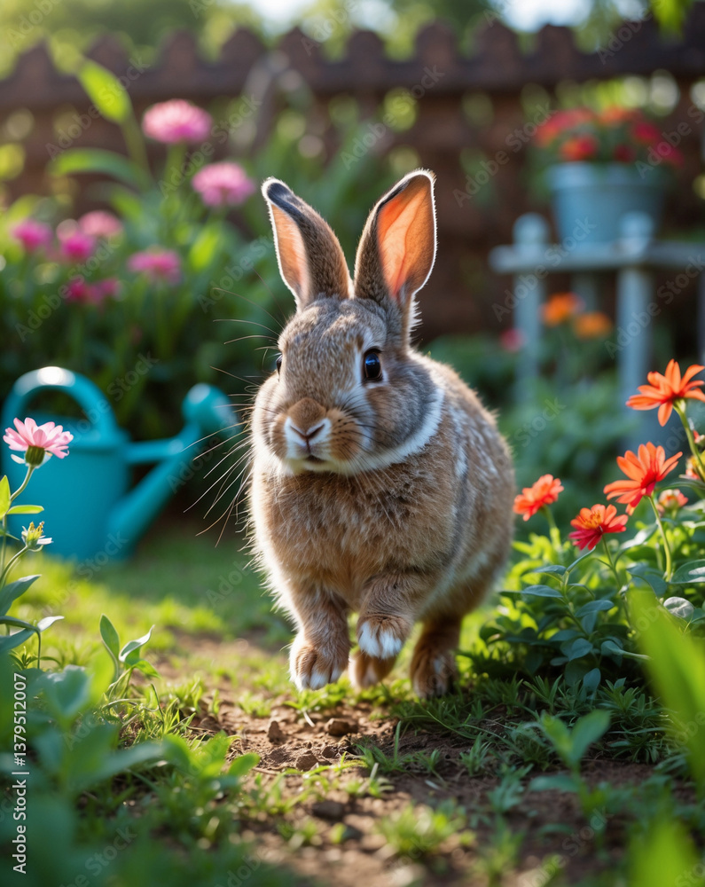 Fluffy Rabbit Hopping in a Lush Garden with Flowers Fluffy Rabbit Hopping in a Lush Garden with Flowers
