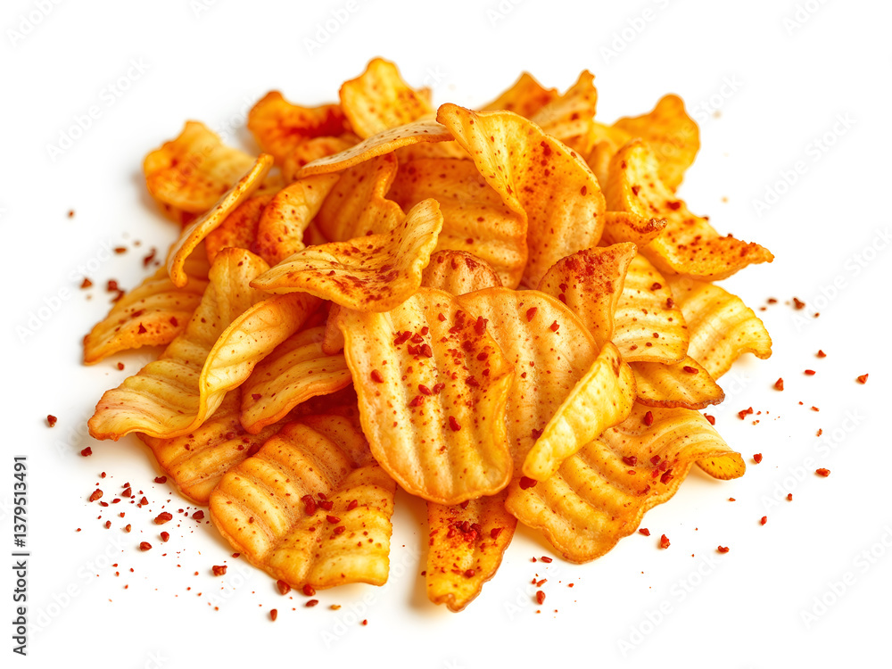 Spicy crinkle-cut potato chips with chili seasoning, perfect for snack and fast food advertising. Generative AI