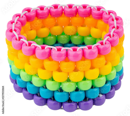 Kids rainbow bead bracelet. Children beaded toy accessory. Colorful jewelry  for girls. Kandi bracelet creative design. Plastic bangle art gift. Pink, orange, yellow green blue purple. Hobby necklace.