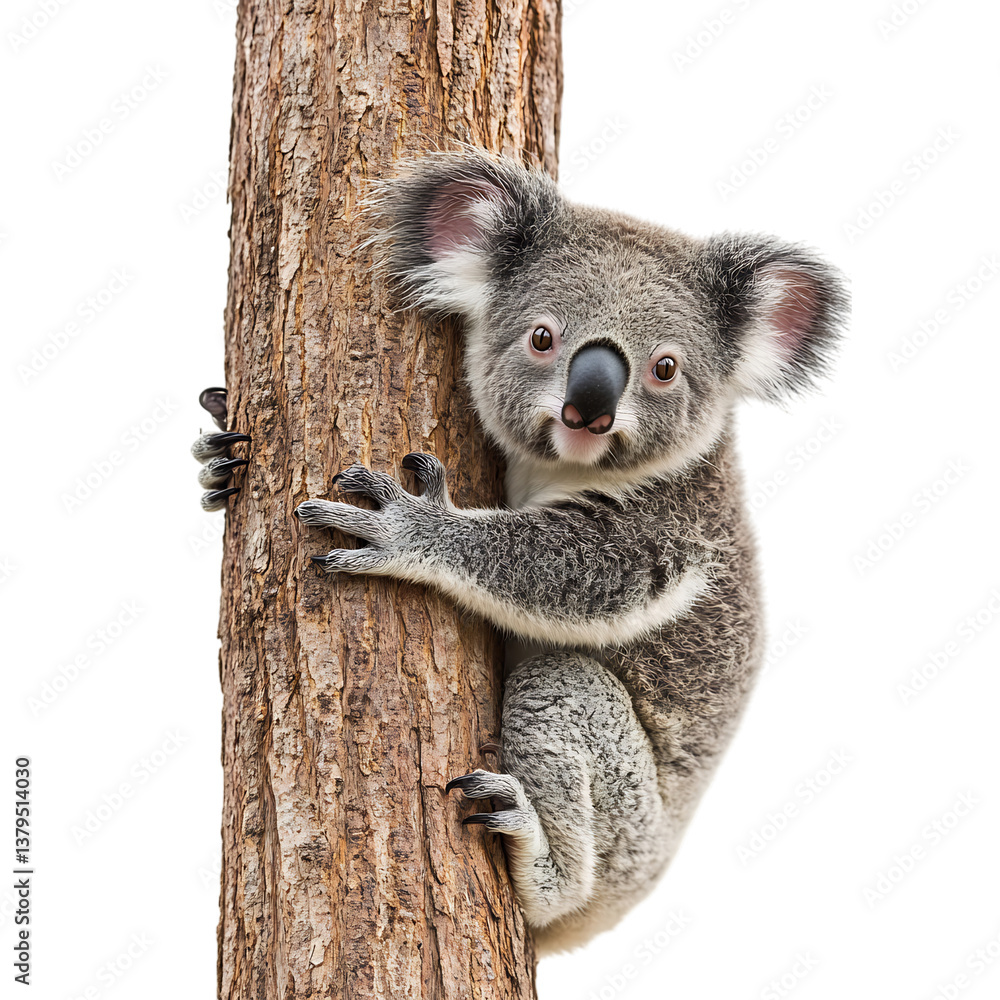 Fototapeta premium Cuddly Koala Mother and Baby Clinging to Eucalyptus Tree Isolated on Transparent Background
