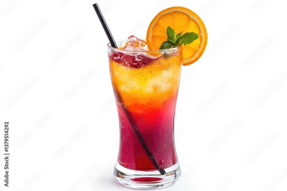 Refreshing Layered Cocktail with Orange Slice and Mint Garnish on White Refreshing Layered Cocktail with Orange Slice and Mint Garnish on White