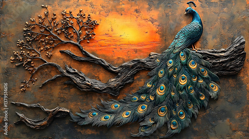 A Stunning Carved Peacock Adorned on Branch Against Warm Sunset Backdrop