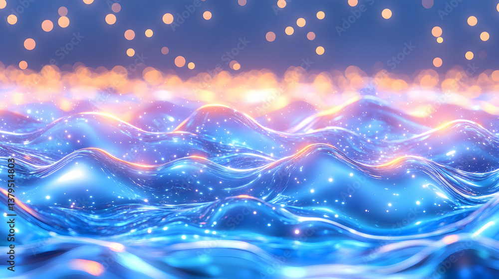 Glowing blue liquid waves with warm light bokeh Glowing blue liquid waves with warm light bokeh