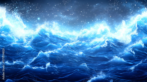 Wallpaper Mural Glowing blue ocean waves under a starry night sky Torontodigital.ca
