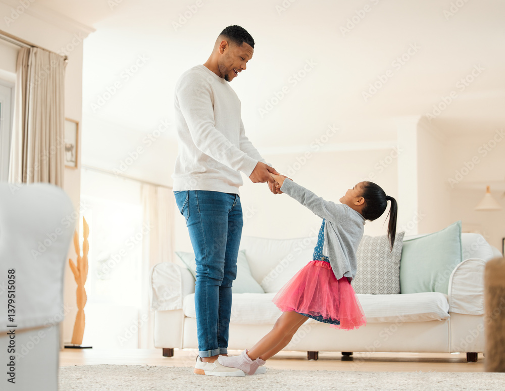 Obraz premium Father, child and dancing with support at house for teaching moves, ballet lesson and energy of fantasy performance. Happy, man and girl holding hands for for talent, playful bonding and love growth
