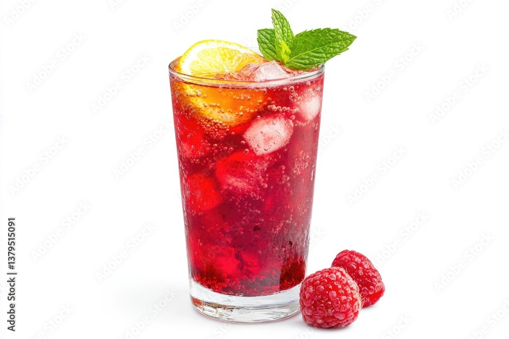 Refreshing Raspberry Lemonade with Ice Cubes and Mint Garnish on White Refreshing Raspberry Lemonade with Ice Cubes and Mint Garnish on White
